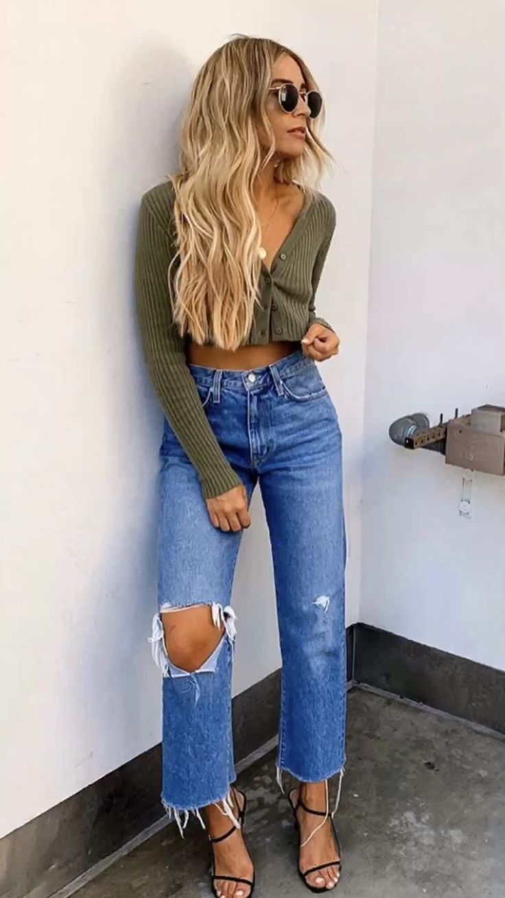 Olive Crop Cardigan with Distressed Jeans and Black Heels